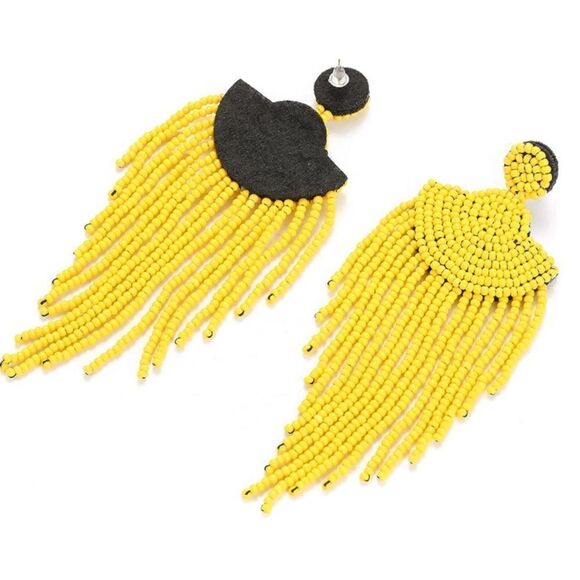 Long Boho Yellow Beaded Tassel Fringe Dangling Drop Fan Chandelier Post Earrings - Picture 2 of 7